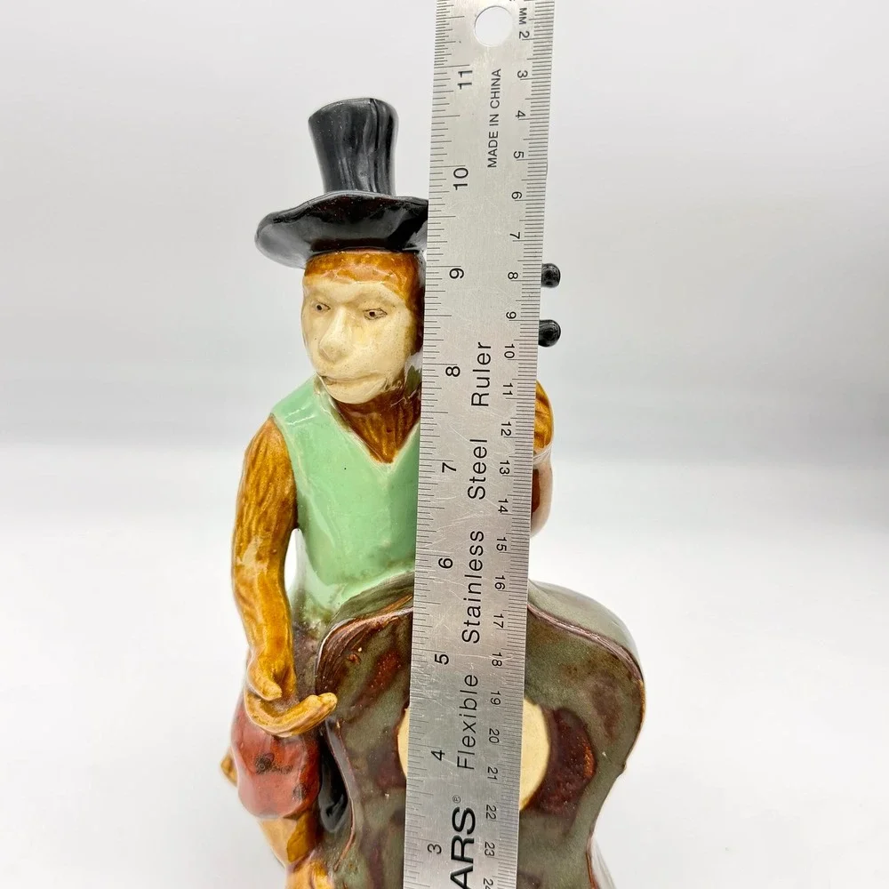 Majolica Style Ceramic Monkey Band Cellist Figurine Top Hat Drum Base